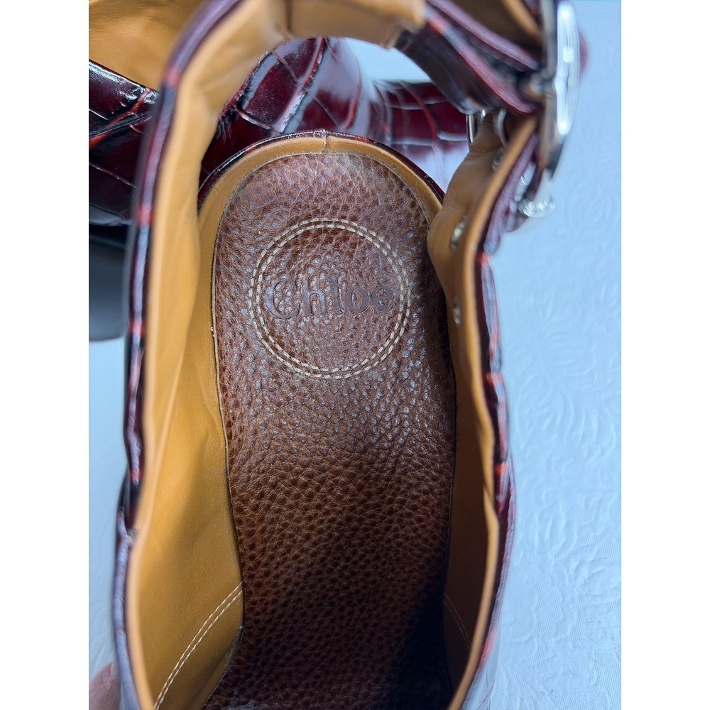 Chloe‎ Burgundy Mock Croc Embossed Leather Slingback Mules Size 38 Block Heel - Picture 5 of 9
